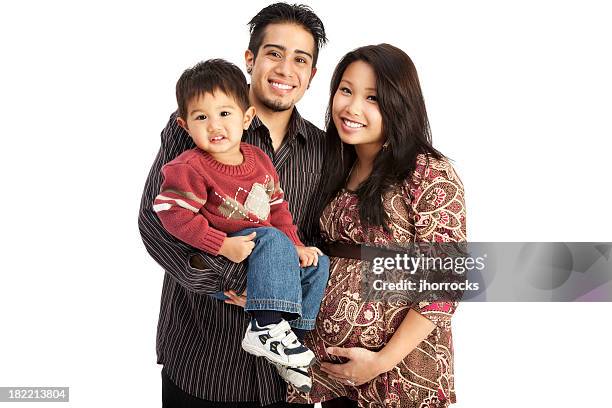 mixed race family of three on white - family white background stock pictures, royalty-free photos & images