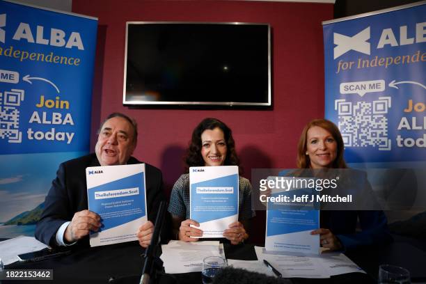Party Holyrood leader Ash Regan MSP party leader Alex Salmond and Tasmina Ahmed-Sheikh party chair hold a press conference on November 30, 2023 in...
