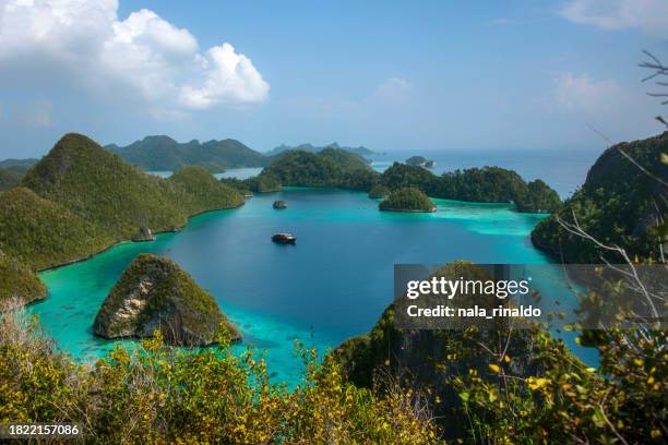 tourboat anchored in a tropical lagoon, wayag, raja ampat, west papua, indonesia - triángulo de coral fotografías e imágenes de stock