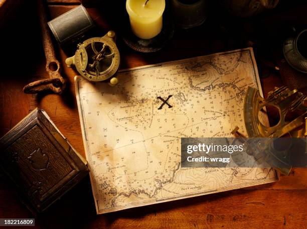 treasure map and nautical equipment - schatkist stockfoto's en -beelden