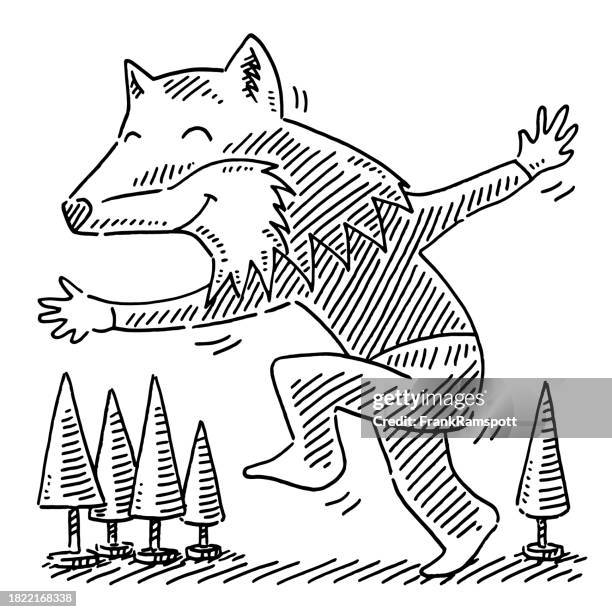 child playing red fox mask forest drawing - black tights stock illustrations
