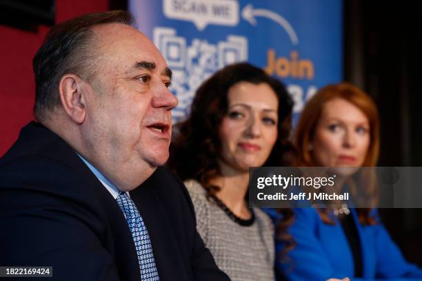 Party Holyrood leader Ash Regan MSP , party leader Alex Salmond and Tasmina Ahmed-Sheikh , party chair, hold a press conference on November 30, 2023...