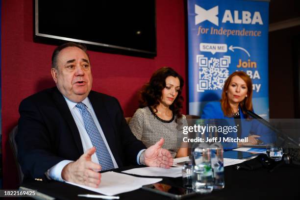 Party Holyrood leader Ash Regan MSP , party leader Alex Salmond and Tasmina Ahmed-Sheikh , party chair, hold a press conference on November 30, 2023...