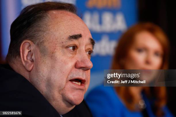 Party leader Alex Salmond attends a press conference on November 30, 2023 in Edinburgh, Scotland. Today, the Alba Party launched a policy that would...