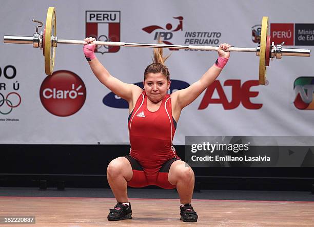 Almendra Lopez of Chile competes in Women's 63 kg as part of the I ODESUR South American Youth Games at Coliseo Miguel Grau on September 28, 2013 in...