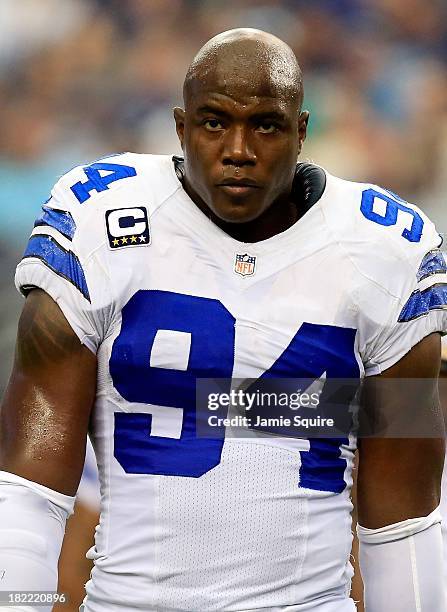 Defensive end DeMarcus Ware of the Dallas Cowboys walks onto the field during the game against the St. Louis Rams at AT&T Stadium on September 22,...