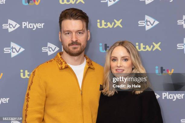 Matt Stokoe and Sophie Rundle attend the launch photocall for "After The Flood" at Soho Hotel on November 30, 2023 in London, England.