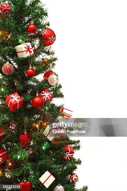 side of decorated christmas tree in white background - christmas tree isolated stock pictures, royalty-free photos & images