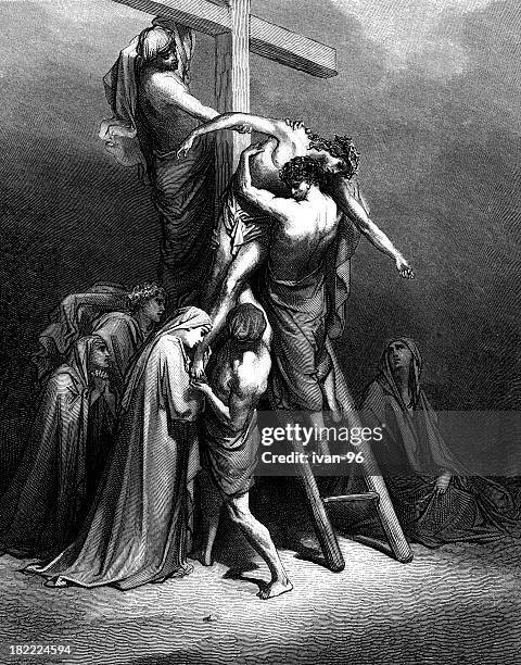 jesus down from the cross - family grief stock illustrations