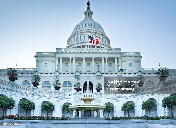 capitólio dos estados unidos em west fachada com fonte e flores - câmara dos representantes imagens e fotografias de stock