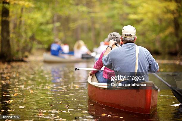 focused view of senior pair paddling a canoe - seniors canoeing stock pictures, royalty-free photos & images