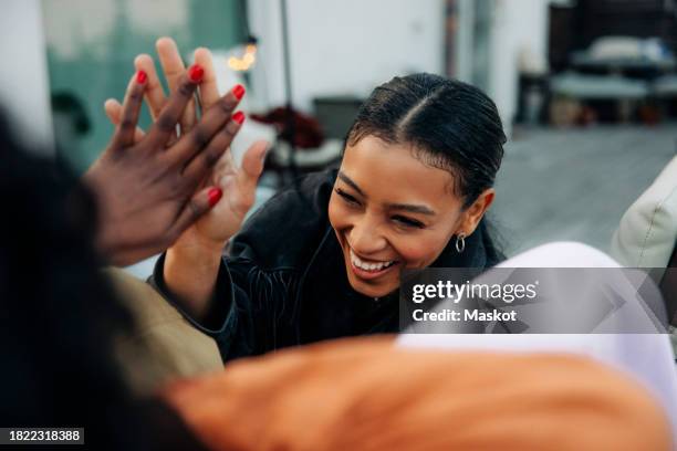 cheerful woman giving high-five to friend in back yard - high five stockfoto's en -beelden