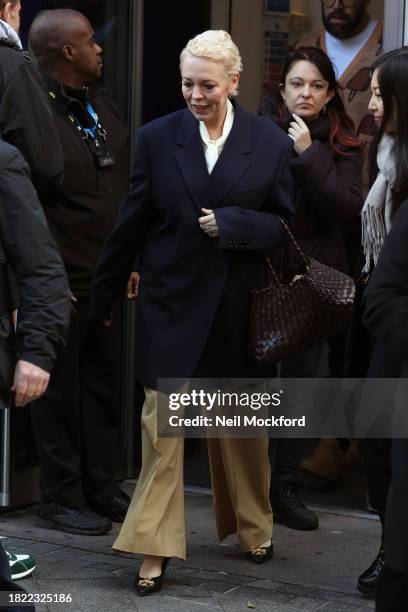 Olivia Colman leaving Heart Breakfast Radio Studios on November 30, 2023 in London, England.