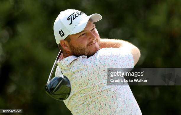 Zander Lombard of South Africa tees off on the 12th hole during day one of the Investec South African Open Championship at Blair Atholl Golf &...