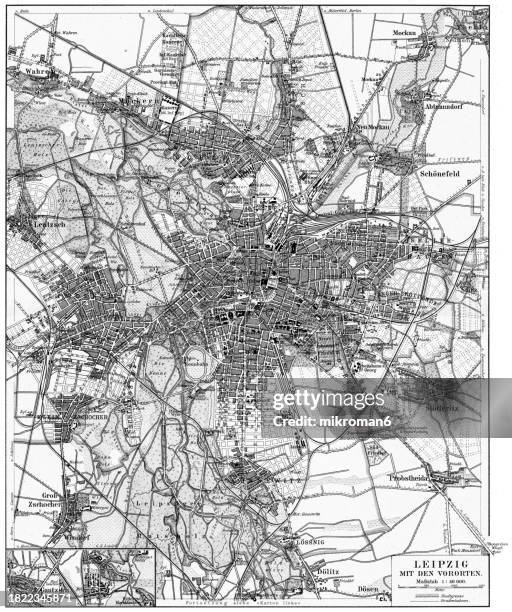 old chromolithograph map of leipzig (most populous city in the german state of saxony) with its suburbs - leipzig saxony stock pictures, royalty-free photos & images