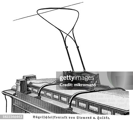 Old engraved illustration of first electric railway with overhead line in Berlin, Siemens & Halske