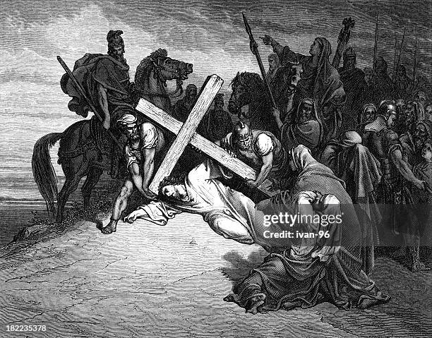 jesus arrives at calvary - religious cross stock illustrations