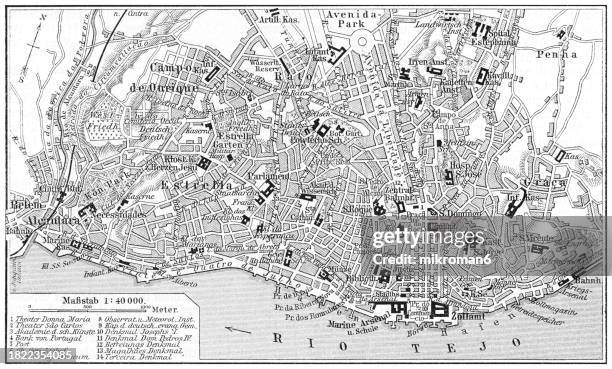 old engraved map of lisbon, capital of portugal and the mouth of the tagus river - lisbon district stock pictures, royalty-free photos & images