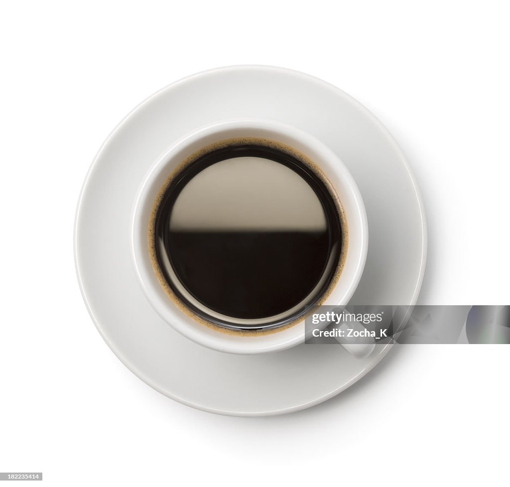 A top-down picture of a cup of coffee on a plate