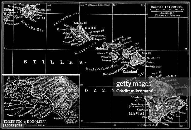 old engraved map of hawaiian islands - antique logo stock pictures, royalty-free photos & images