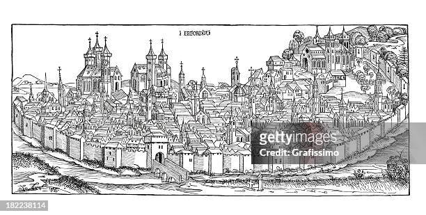 ilustrações, clipart, desenhos animados e ícones de cidade de erfurt alemanha 1493 estampa xilográfica - erfurt