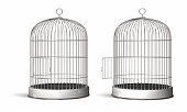 Two illustrated oval bird cages, one with the door opened