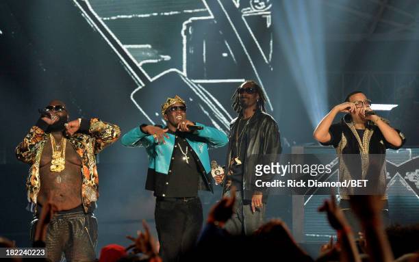 Rick Ross, Diddy, Uncle Snoop and French Montana perform onstage at the BET Hip Hop Awards 2013 at Boisfeuillet Jones Atlanta Civic Center on...