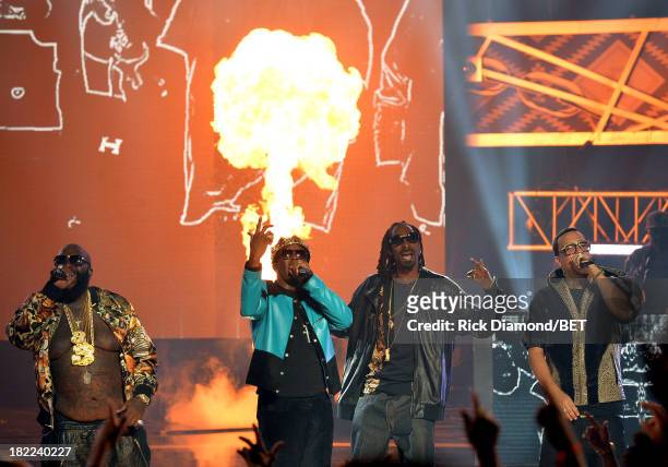 Rick Ross, Diddy, Uncle Snoop and French Montana perform onstage at the BET Hip Hop Awards 2013 at Boisfeuillet Jones Atlanta Civic Center on...
