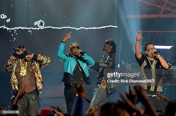 Rick Ross, Diddy, Uncle Snoop and French Montana perform onstage at the BET Hip Hop Awards 2013 at Boisfeuillet Jones Atlanta Civic Center on...