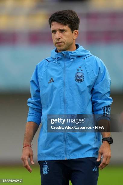 Head Coach Diego Placente of Argentina looks on during the FIFA U-17 World Cup Semi Final match between Argentina and Germany at Manahan Stadium on...
