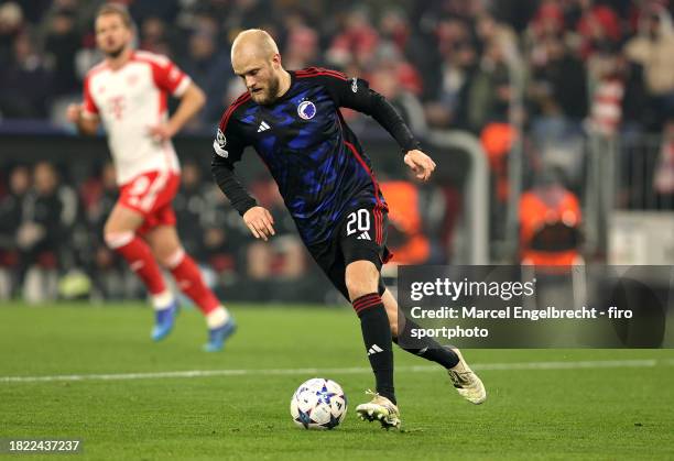 Nicolai Boilesen of F.C. Copenhagen plays the ball during the UEFA Champions League match between FC Bayern München and F.C. Copenhagen at Allianz...