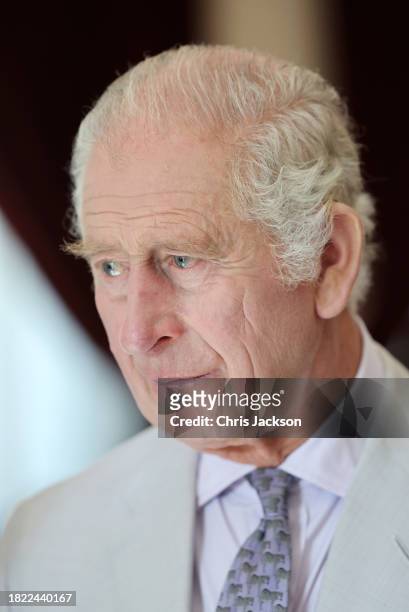 King Charles III is seen during the Women Climate Leaders and Small Island Developing States reception during COP28 on November 30, 2023 in Dubai,...