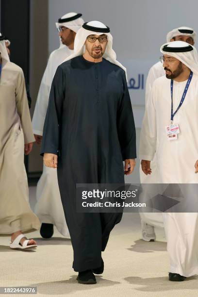 President of the United Arab Emirates Mohamed bin Zayed Al Nahyan arrives at the Business and Philanthropy Climate Forum reception during COP28 on...