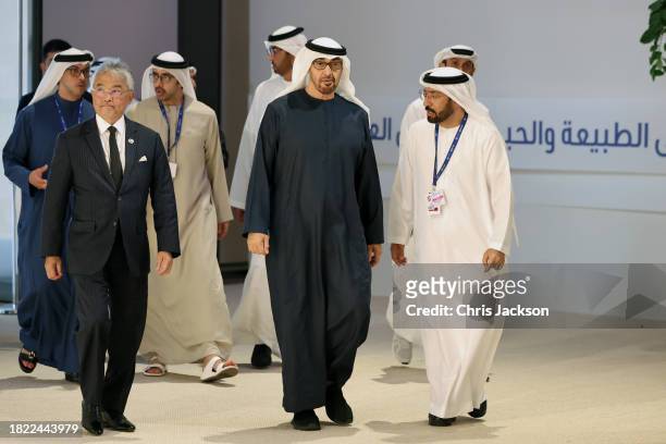 President of the United Arab Emirates Mohamed bin Zayed Al Nahyan arrives at the Business and Philanthropy Climate Forum reception during COP28 on...