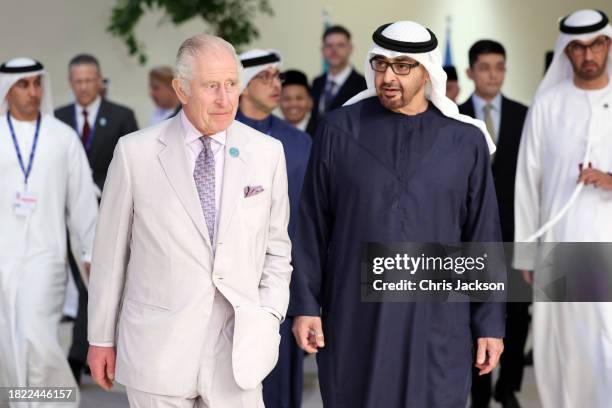 King Charles III and President of the United Arab Emirates Mohamed bin Zayed Al Nahyan arrive at the Business and Philanthropy Climate Forum...