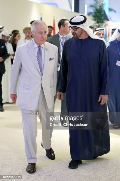 King Charles III and President of the United Arab Emirates Mohamed bin Zayed Al Nahyan arrive at the Business and Philanthropy Climate Forum...