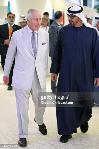 King Charles III and President of the United Arab Emirates Mohamed bin Zayed Al Nahyan arrive at the Business and Philanthropy Climate Forum...