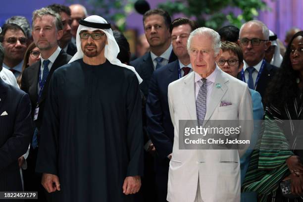 President of the United Arab Emirates Mohamed bin Zayed Al Nahyan and King Charles III pose at the Business and Philanthropy Climate Forum reception...