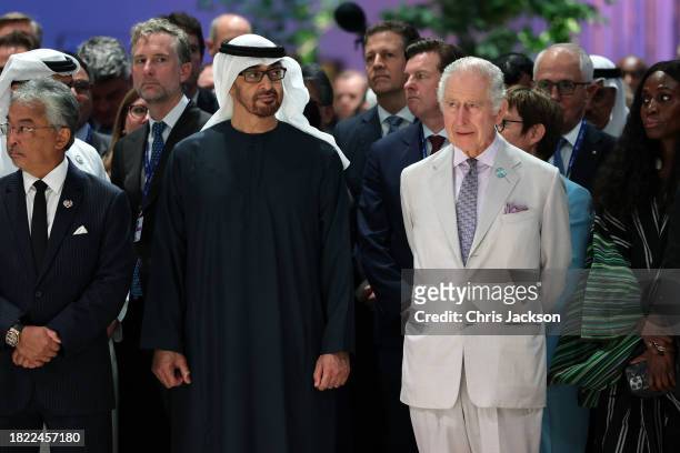 President of the United Arab Emirates Mohamed bin Zayed Al Nahyan and King Charles III pose at the Business and Philanthropy Climate Forum reception...