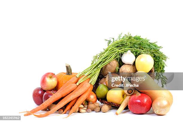 autumn cornucopia frontal view white background - thanksgiving arrangement stock pictures, royalty-free photos & images