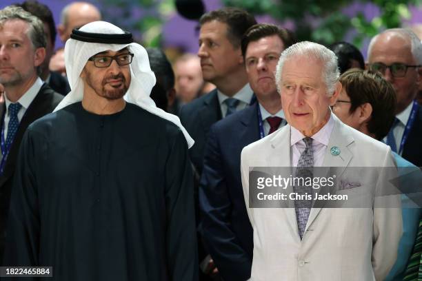 President of the United Arab Emirates Mohamed bin Zayed Al Nahyan and King Charles III listen to Badr Jafar speaking at the Business and Philanthropy...