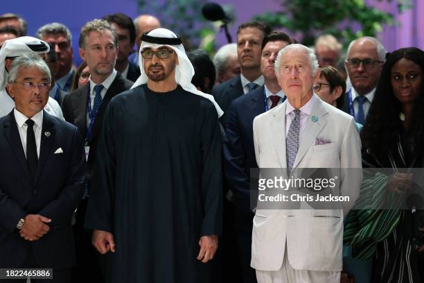 President of the United Arab Emirates Mohamed bin Zayed Al Nahyan and King Charles III listen to Badr Jafar speaking at the Business and Philanthropy...