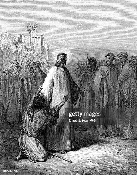 jesus casts out a devil - listening to devil stock illustrations