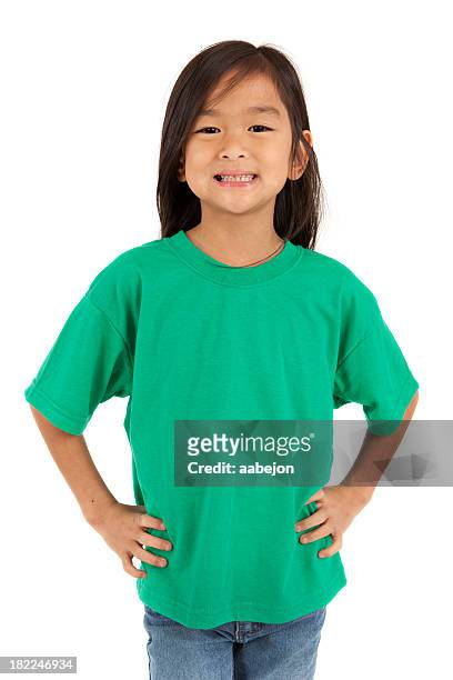 an asian girl wearing a green t-shirt - young girl white background stock pictures, royalty-free photos & images