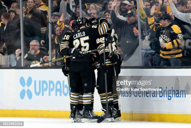 The Bruins celebrate a goal during a game between the Boston Bruins and the San Jose Sharks on November 30 at TD garden in Boston, Massachusetts.