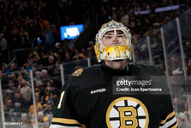 Boston Bruins goalie Jeremy Swayman during a game between the Boston Bruins and the San Jose Sharks on November 30 at TD garden in Boston,...