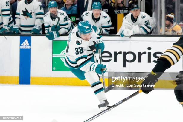 San Jose Sharks defenseman Calen Addison shoots during a game between the Boston Bruins and the San Jose Sharks on November 30 at TD garden in...