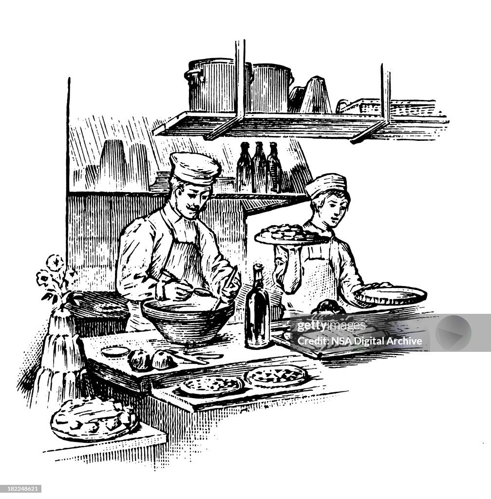Working at restaurant | Antique Design Illustrations