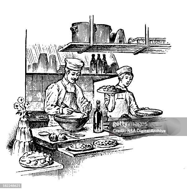 working at restaurant | antique design illustrations - portuguese food stock illustrations