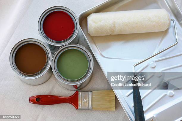 paint cans with tray, brush and roller - paint tray stock pictures, royalty-free photos & images